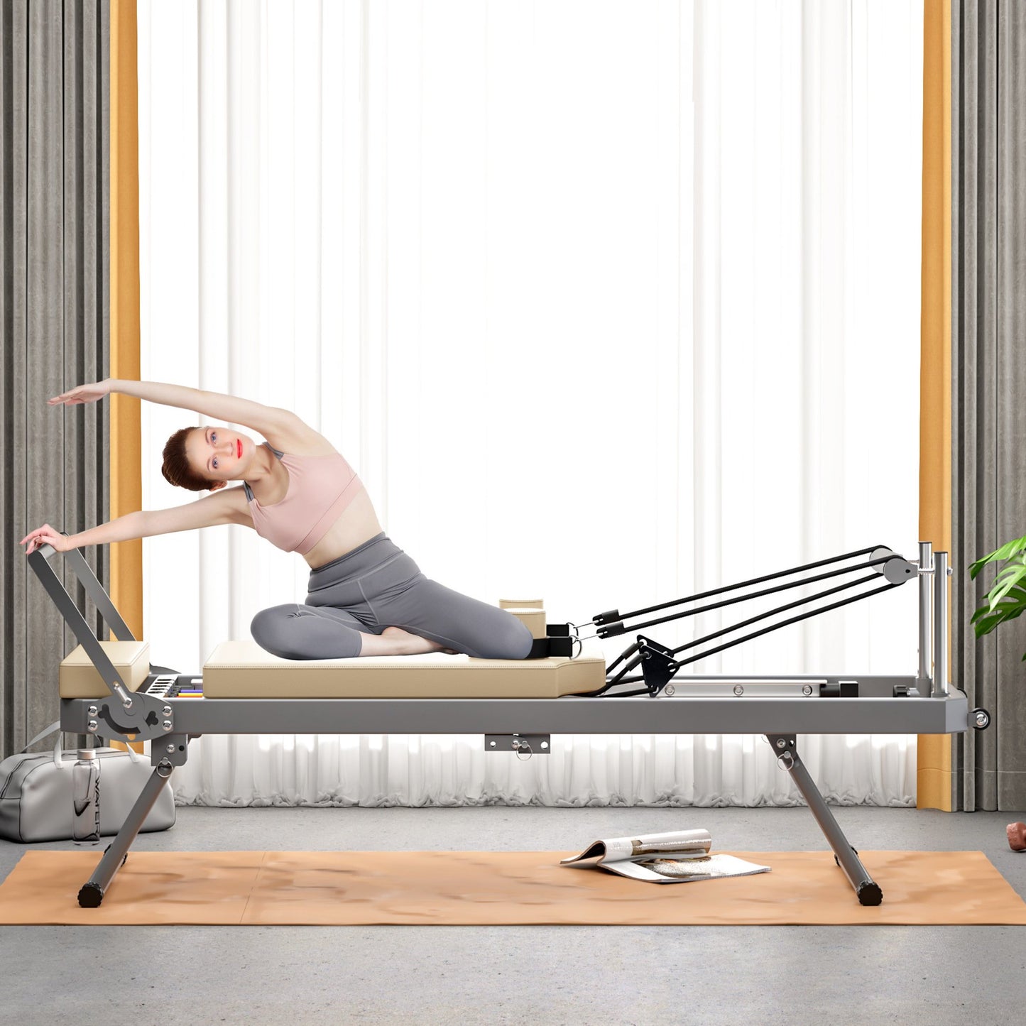 IMKHK Pilates Reformer, Foldable Pilates Core Bed with Dual Resistance-Springs and Cords, Pilates Machine & Equipment for Home and Gym Workout, Suitable for Beginners and Intermediate Users, Pink