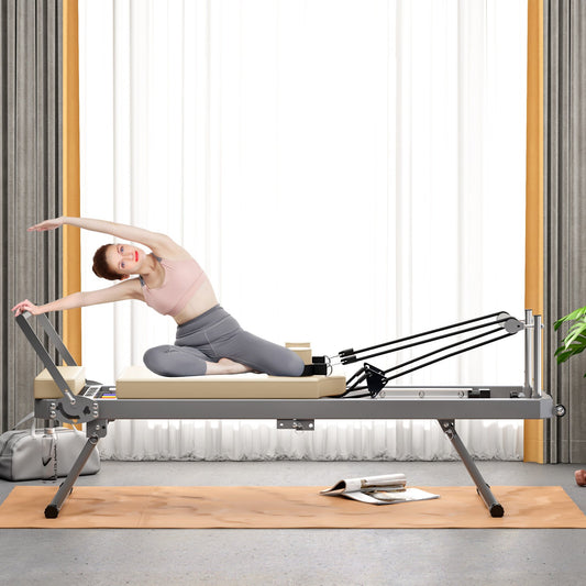 IMKHK Pilates Reformer, Foldable Pilates Core Bed with Dual Resistance-Springs and Cords, Pilates Machine & Equipment for Home and Gym Workout, Suitable for Beginners and Intermediate Users, Pink