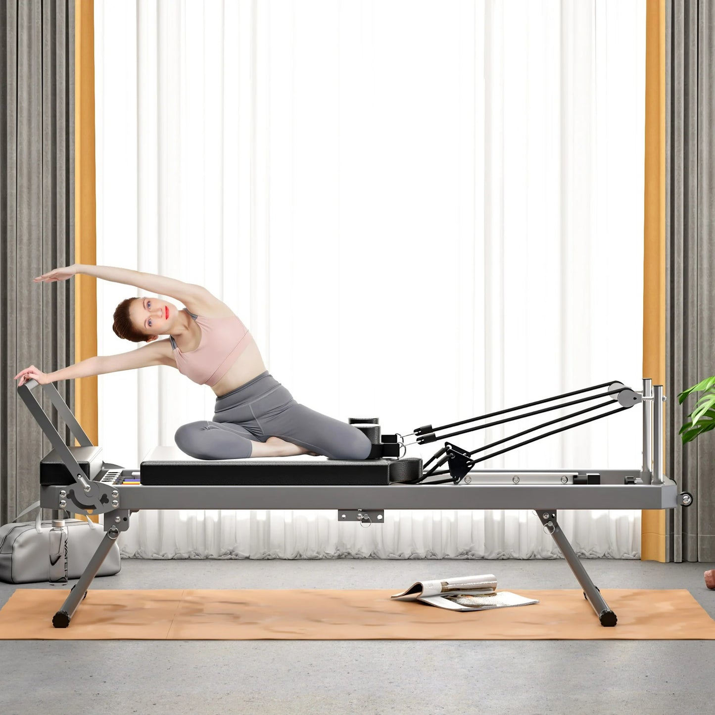 IMKHK Pilates Reformer, Foldable Pilates Core Bed with Dual Resistance-Springs and Cords, Pilates Machine & Equipment for Home and Gym Workout, Suitable for Beginners and Intermediate Users, Pink