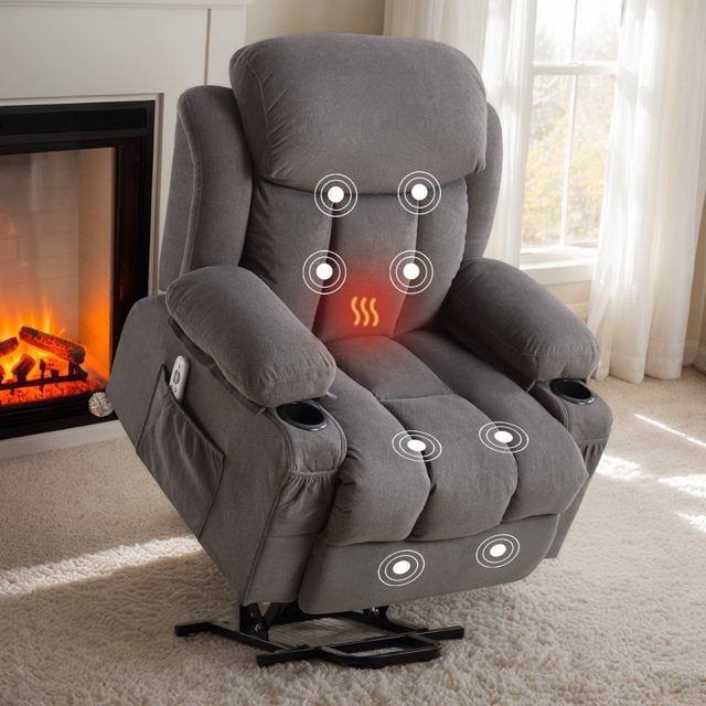 IMKHK Power Lift Recliner Chair with Heat and Massage Function for Elderly, Electric Recliners with Cup Holders, Side Pockets and USB Port, Fabric Single Sofa Chair for Living Room Theater, Gray