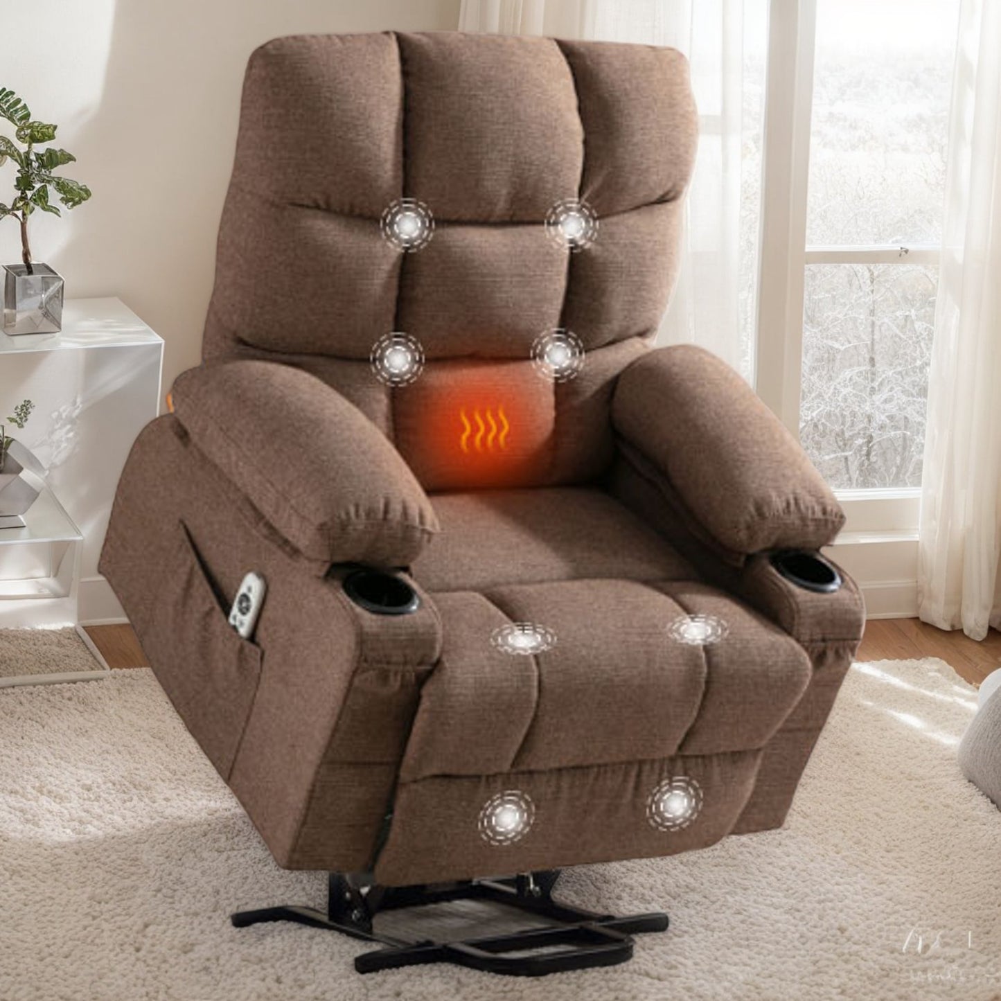 IMKHK Power Lift Recliner Chair with Heat and Massage Function, Electric Recliners for Elderly with USB Port, Side Pockets and Cup Holders, Fabric Lounge Chair Single Sofa Chair, Brown