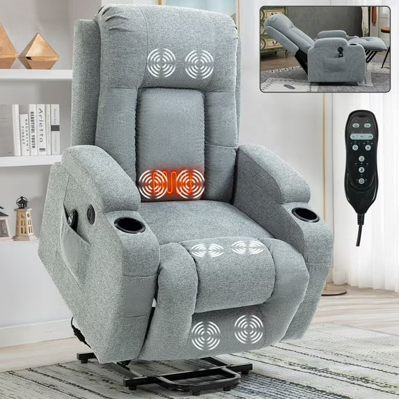 IMKHK Power Lift Recliner Chair with Massage and Heat, Single Electric Sofa for Adults with Side Pockets, USB Charging Port, Cup Holders, Ergonomic Lounge Recliner Chair for Living Room, Gray
