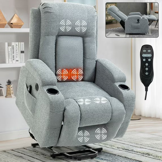 IMKHK Power Lift Recliner Chair with Massage and Heat, Single Electric Sofa for Adults with Side Pockets, USB Charging Port, Cup Holders, Ergonomic Lounge Recliner Chair for Living Room, Gray