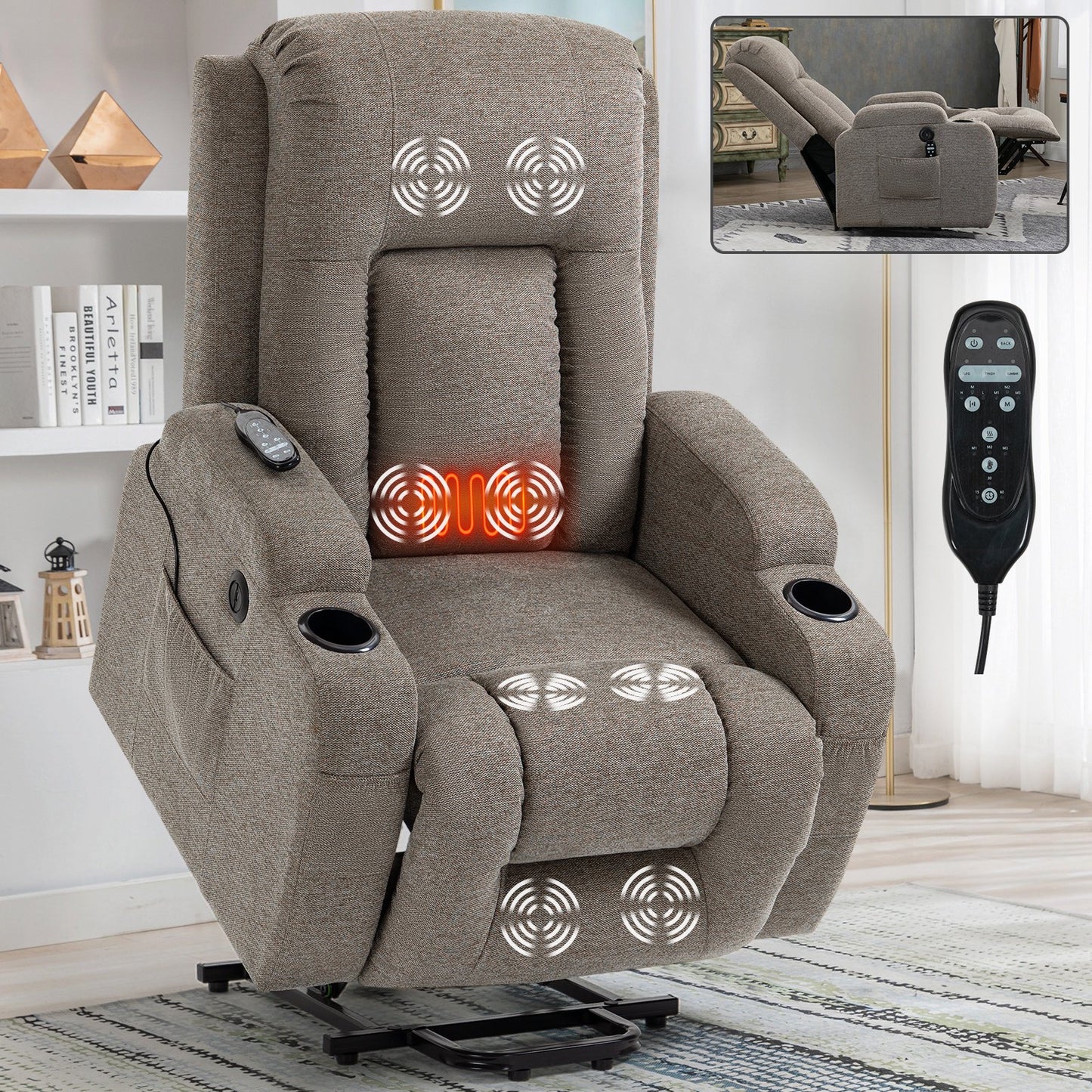 IMKHK Power Lift Recliner Chair with Massage and Heat, Single Electric Sofa for Adults with Side Pockets, USB Charging Port, Cup Holders, Ergonomic Lounge Recliner Chair for Living Room, Gray