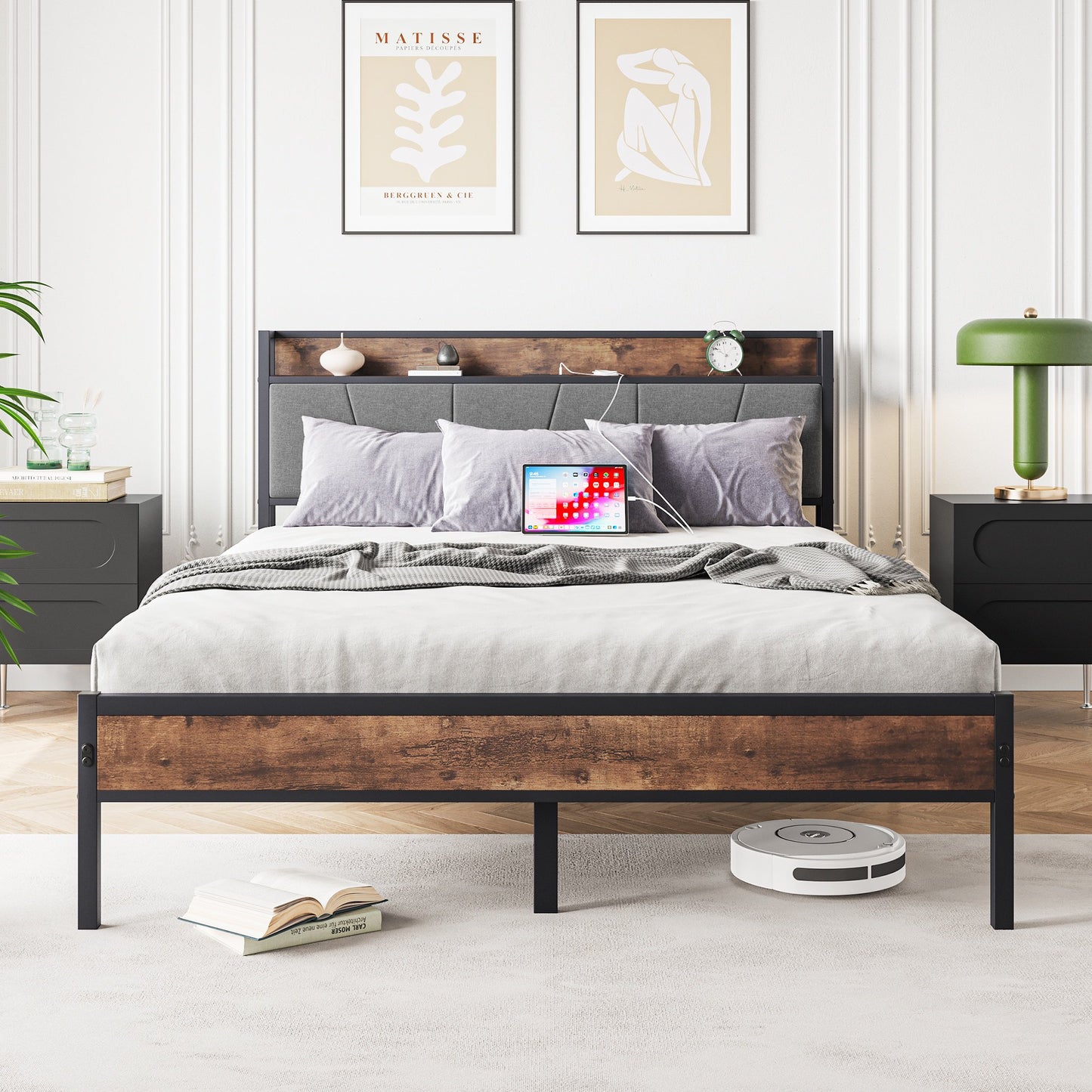 IMKHK Queen Size Bed Frame, Metal Platform Bed Queen with Charging Station and Storage Upholstered Headboard for Adults Teens Kids, Large Under Bed Space, Easy Assembly, No Box Spring Needed, Brown