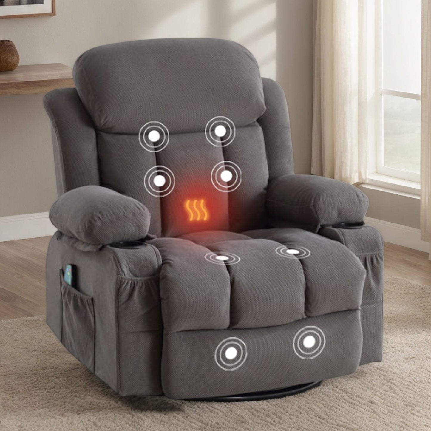 IMKHK Rocker Recliner Chair, Swivel Rocking Chair with Heat and Massage, Fabric Lounge Chair for Adults, Manual Recliner Chair with Side Pockets, 2 Cup Holders, USB Charge Port for Living Room, Gray