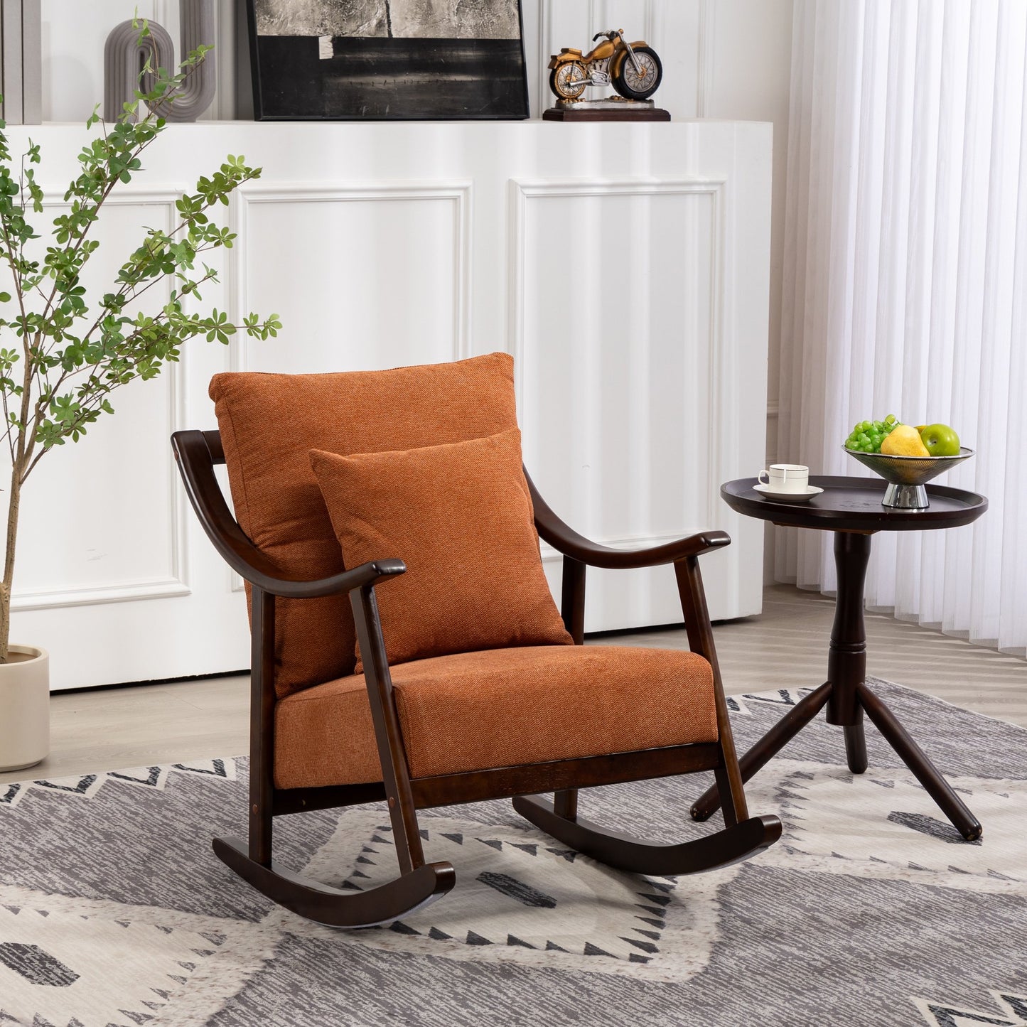 IMKHK Rocking Nursery Chair with Pillow, Mid-Century Linen Fabric Upholstered Accent Chair, Modern Padded Glider Rocker with Strong Solid Wood Frame for Living Room Bedroom Balcony, Light Green