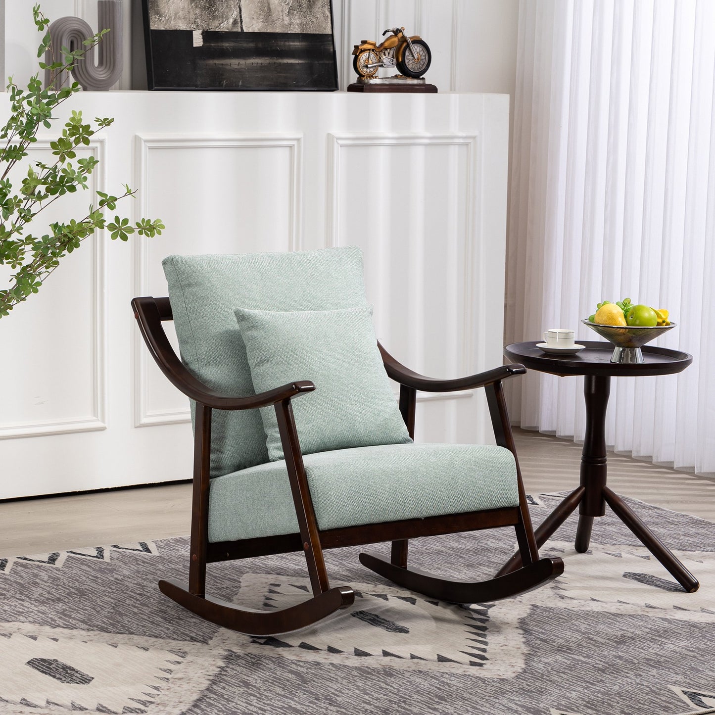 IMKHK Rocking Nursery Chair with Pillow, Mid-Century Linen Fabric Upholstered Accent Chair, Modern Padded Glider Rocker with Strong Solid Wood Frame for Living Room Bedroom Balcony, Light Green