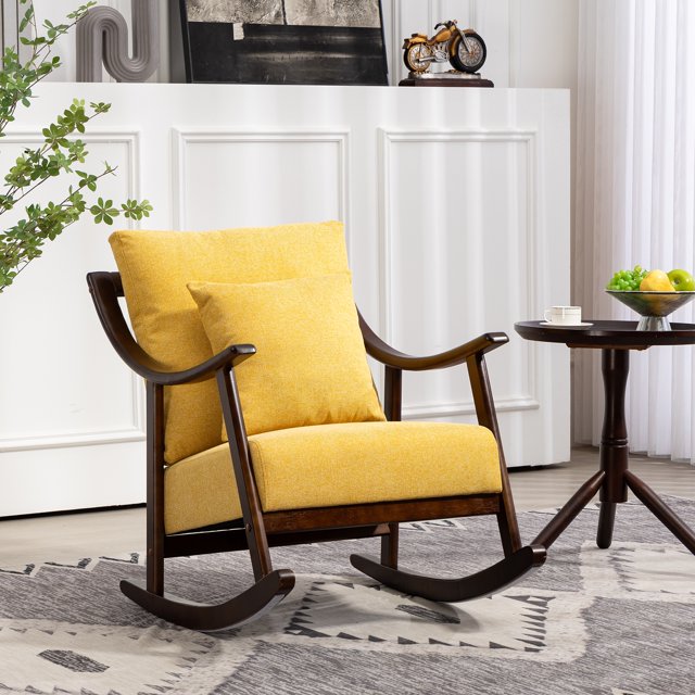 IMKHK Rocking Nursery Chair with Pillow, Mid-Century Linen Fabric Upholstered Accent Chair, Modern Padded Glider Rocker with Strong Solid Wood Frame for Living Room Bedroom Balcony, Light Green