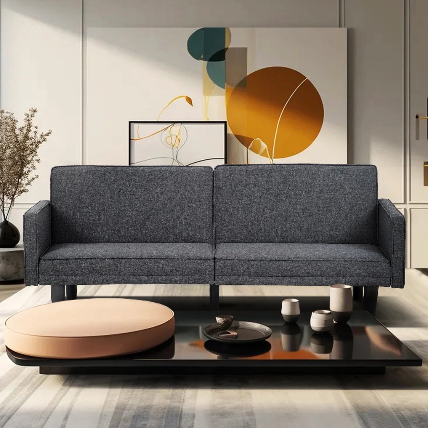 IMKHK Sleeper Sofa Bed with Upholstered Cushions, Mid-Century Linen Fabric Sofa Couch with Adjustable Backrest and Tapered Legs, Multi-Functional Convertible Futon Sofa Bed for Living Room, Gray