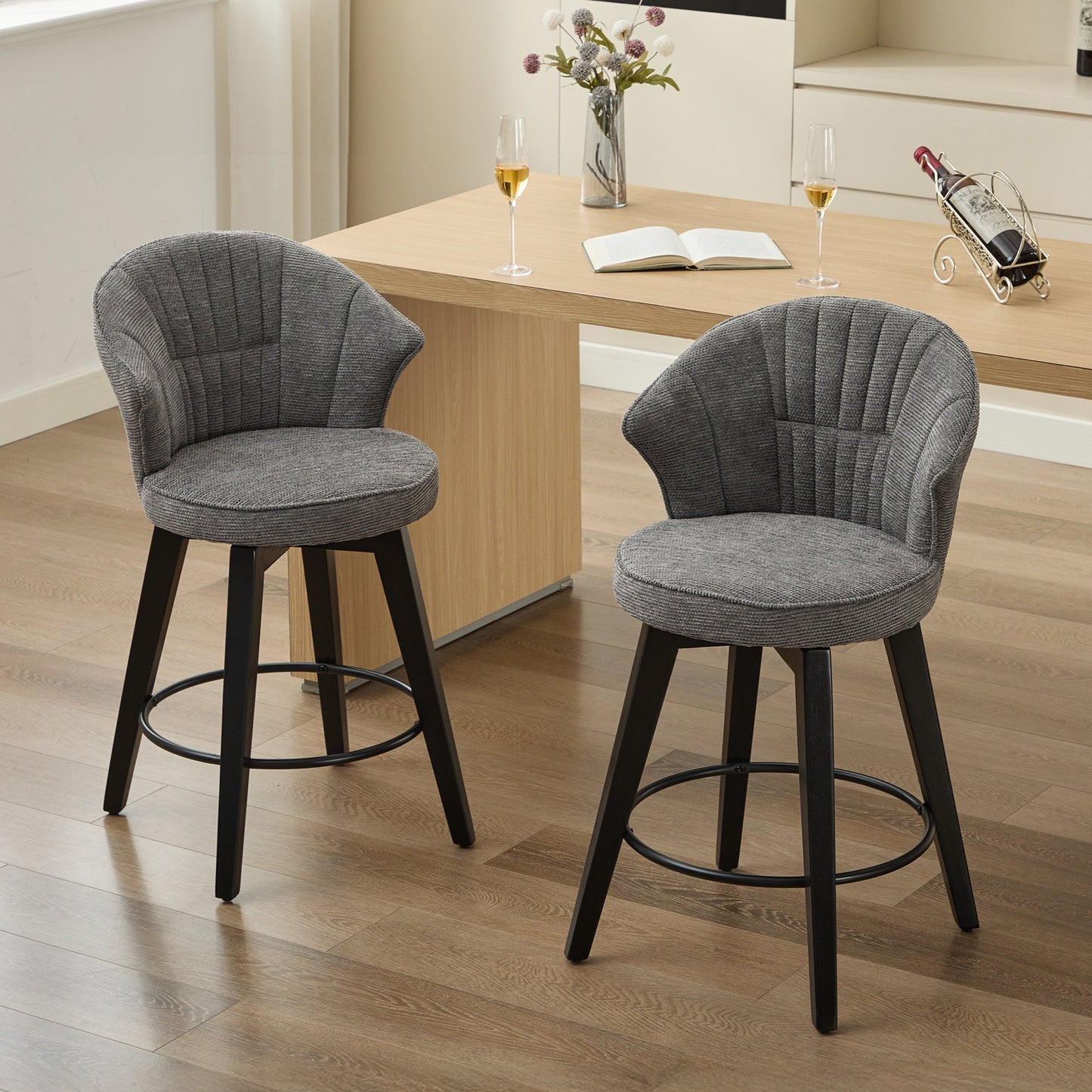 IMKHK Swivel Bar Chair Set of 2, Modern Chenille Counter Height Bar Chairs with Wide Curved Backrest, Upholstered Bar Stool with Thickened Iron Metal Feet for Kitchen Bars Restaurants, Blue