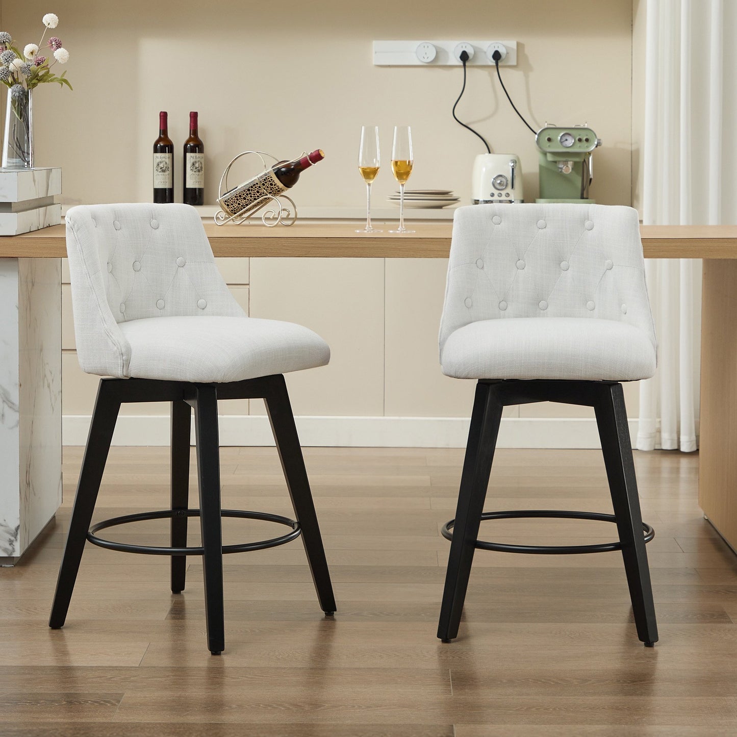 IMKHK Swivel Bar Stools with Button-Tufted Backrest Sets of 2, Linen Fabric Counter Chairs with Metal Legs, Bar Chairs for Kitchen Bars Restaurants, Ergonomic Design Counter Height Bar Stools, Gray