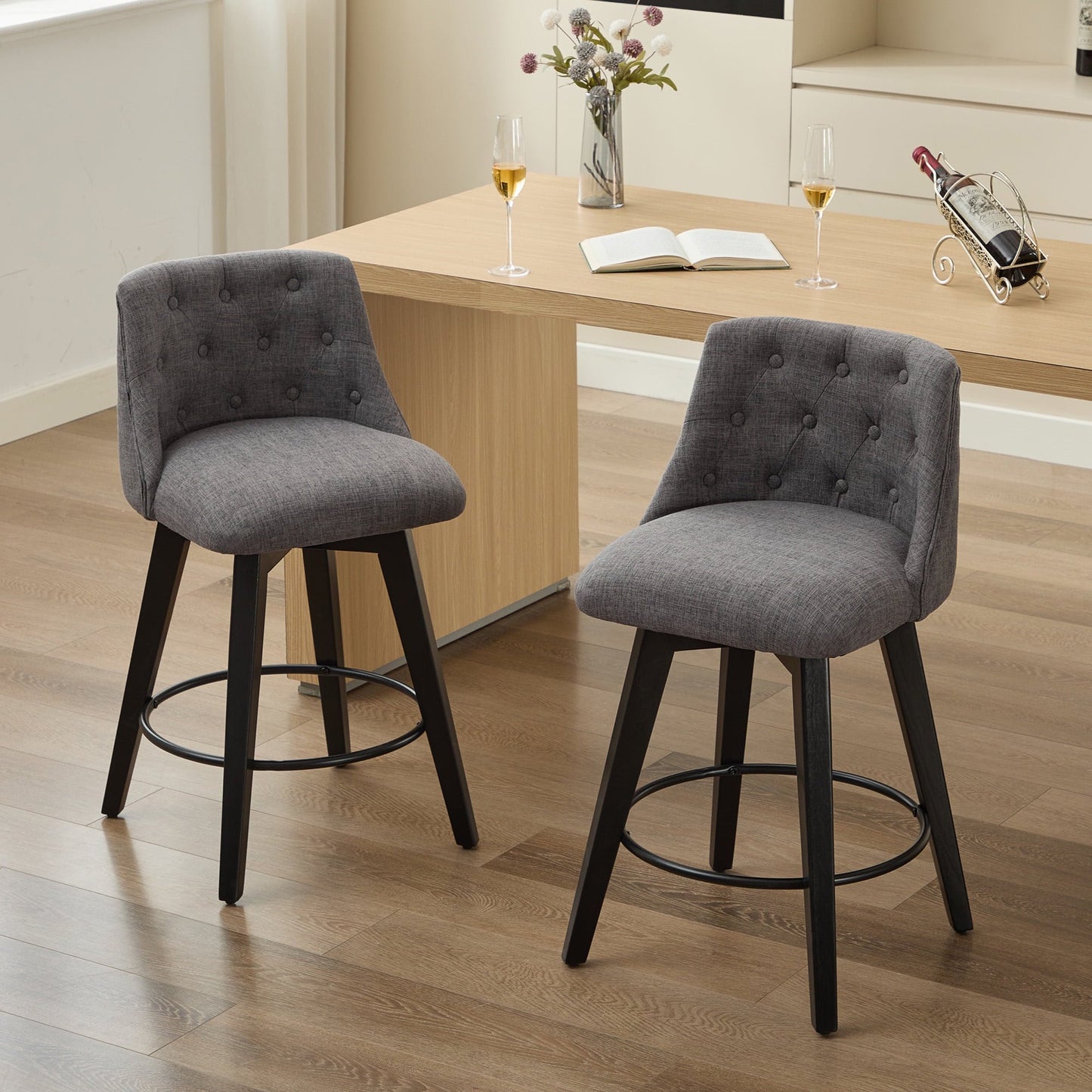 IMKHK Swivel Bar Stools with Button-Tufted Backrest Sets of 2, Linen Fabric Counter Chairs with Metal Legs, Bar Chairs for Kitchen Bars Restaurants, Ergonomic Design Counter Height Bar Stools, Gray