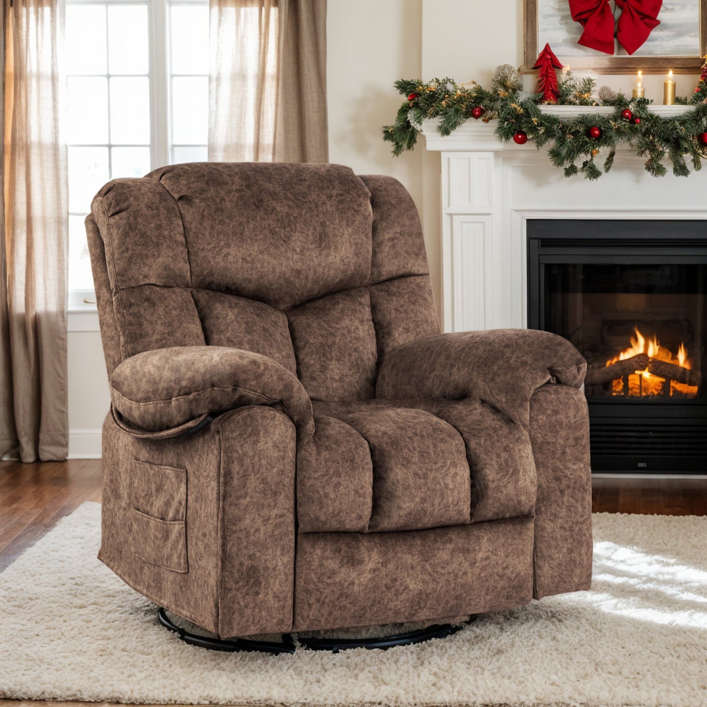 IMKHK Swivel Rocker Recliner Chair, Comfy Recliner Chair with Heat and Vibration Massage, Manual Fabric Lounge Chair with Side Pockets, 2 Hidden Cup Holders and USB Charge Port for Living Room, Gray