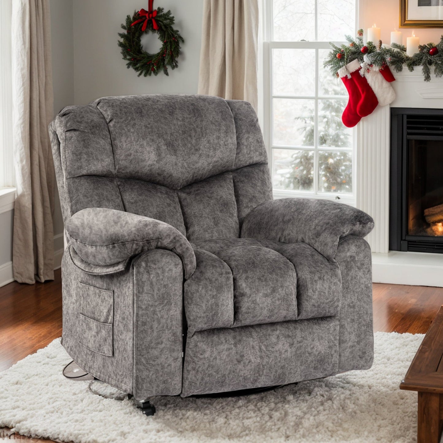 IMKHK Swivel Rocker Recliner Chair, Comfy Recliner Chair with Heat and Vibration Massage, Manual Fabric Lounge Chair with Side Pockets, 2 Hidden Cup Holders and USB Charge Port for Living Room, Gray