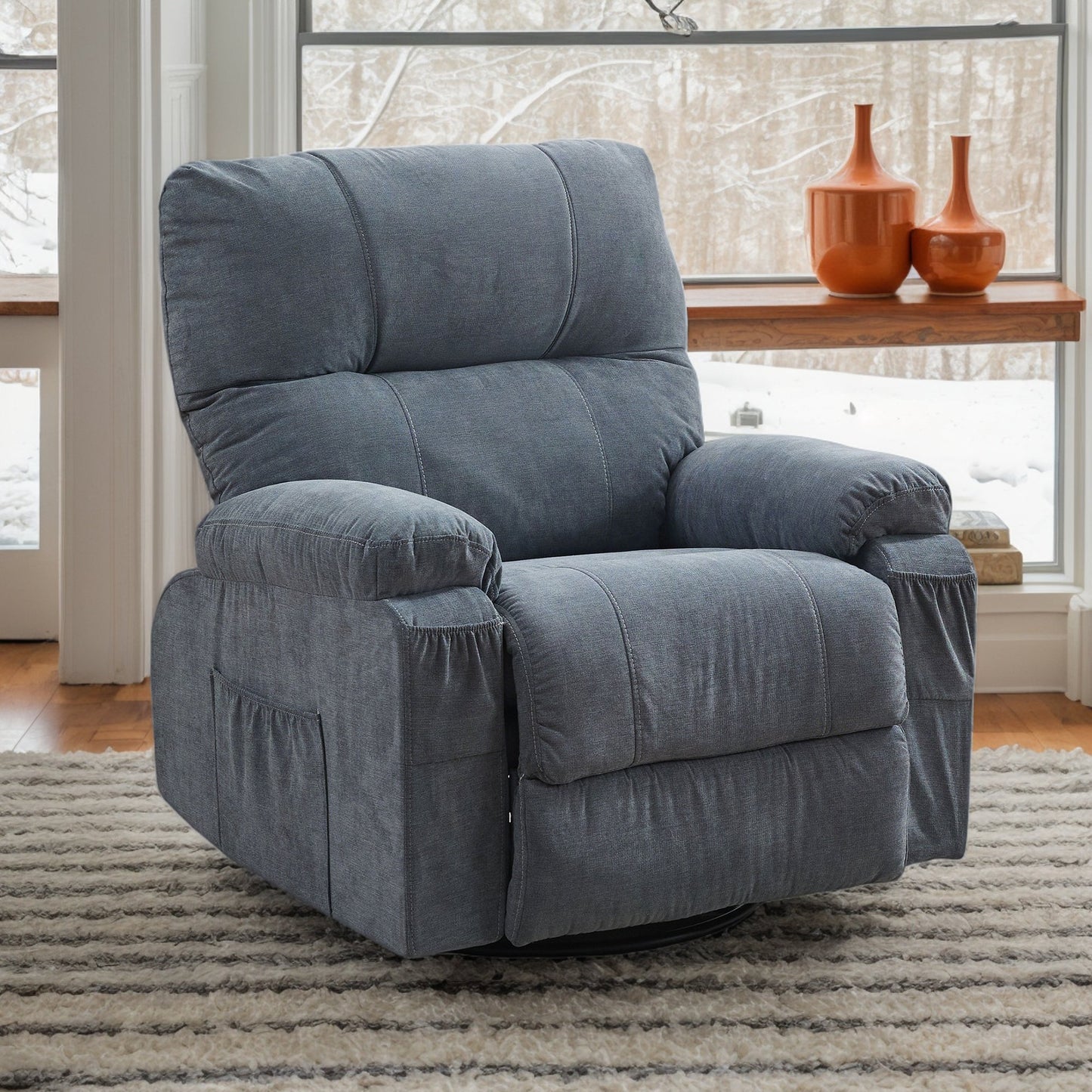 IMKHK Swivel Rocker Recliner Chair, Comfy Manual Fabric Lounge Chair with Side and Front Pockets for Adults, Modern Versatile Single Sofa Chair for Living Room Bedroom Theater, Metal Frame, Gray