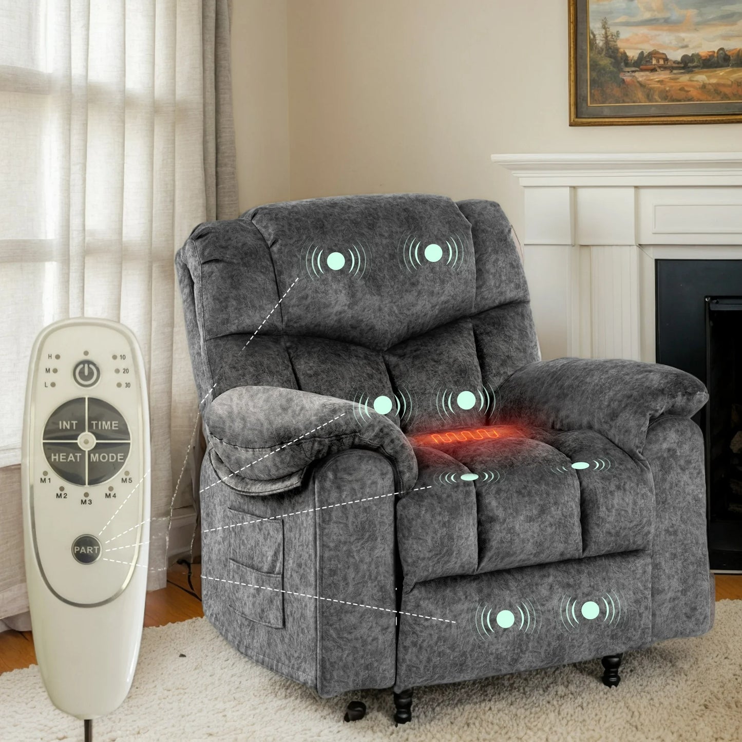 IMKHK Swivel Rocker Recliner Chair, Comfy Recliner Chair with Heat and Vibration Massage, Manual Fabric Lounge Chair with Side Pockets, 2 Hidden Cup Holders and USB Charge Port for Living Room, Brown