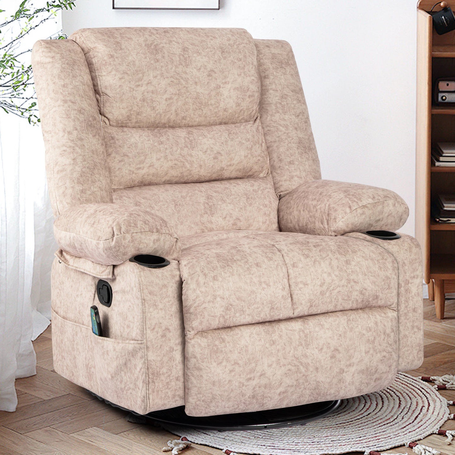 IMKHK Swivel Rocker Recliner Chair with Heat Therapy and Vibration Massage Function, Reclining Mechanism Massage Chair, Single Rocker Sofa with Cup Holders and Side Pockets for Bedroom Theater, Gray