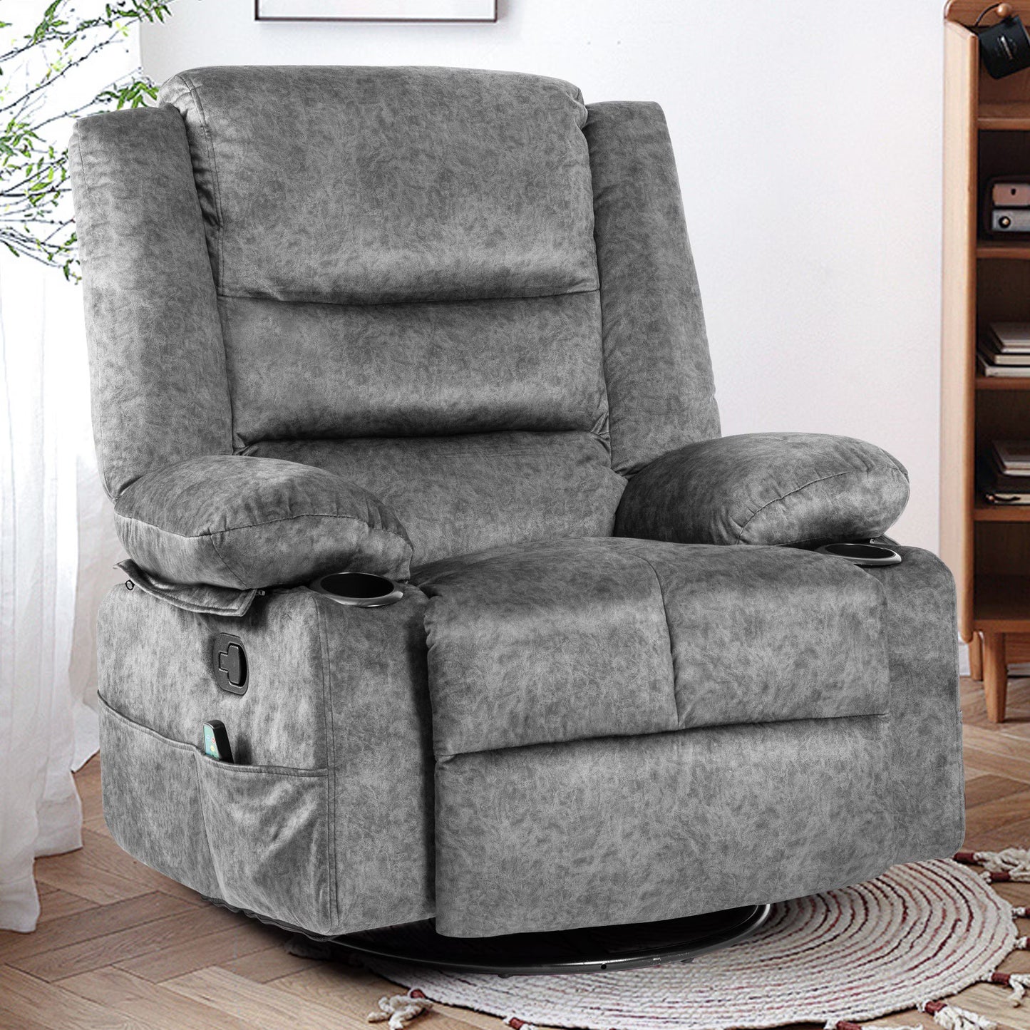 IMKHK Swivel Rocker Recliner Chair with Heat Therapy and Vibration Massage Function, Reclining Mechanism Massage Chair, Single Rocker Sofa with Cup Holders and Side Pockets for Bedroom Theater, Gray