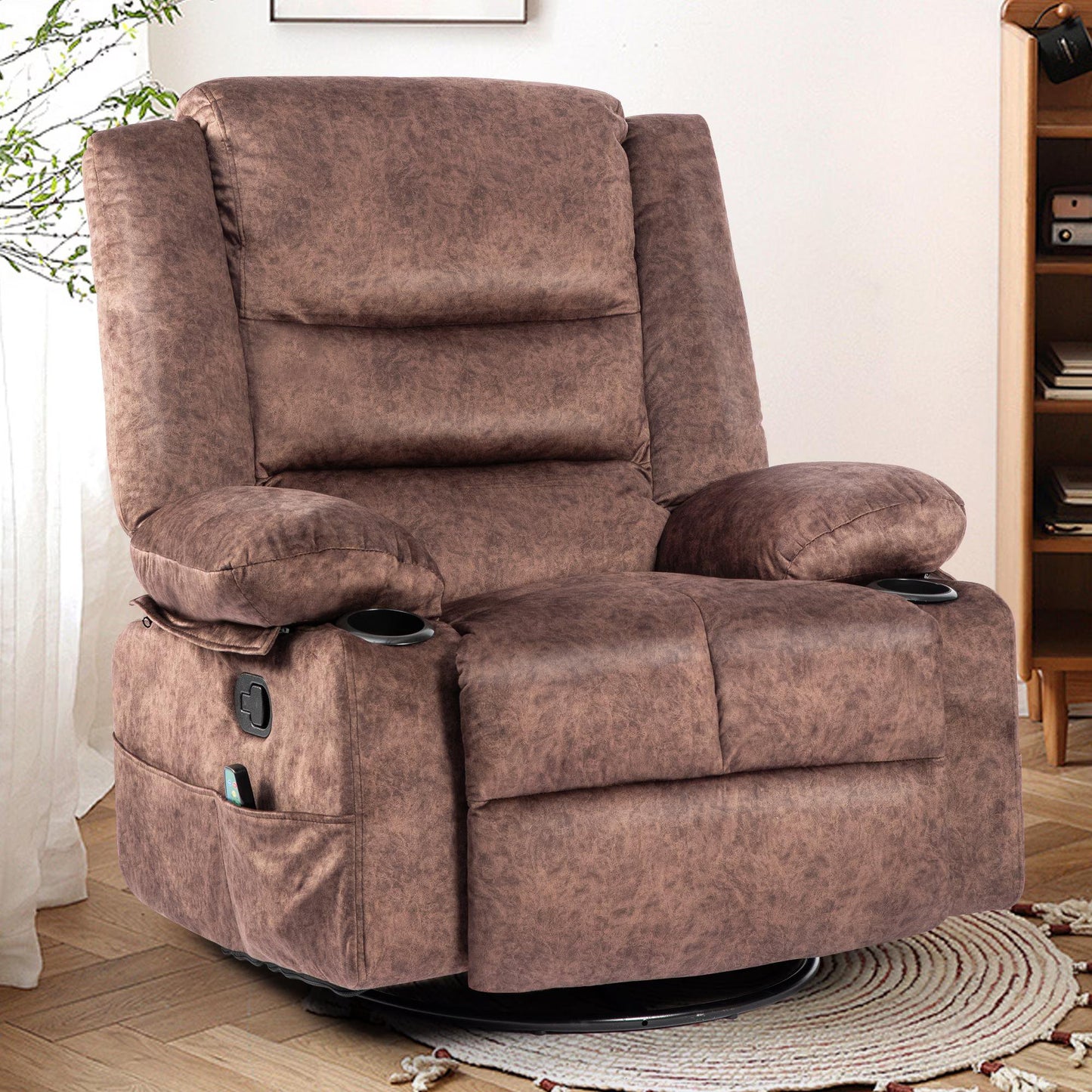 IMKHK Swivel Rocker Recliner Chair with Heat Therapy and Vibration Massage Function, Reclining Mechanism Massage Chair, Single Rocker Sofa with Cup Holders and Side Pockets for Bedroom Theater, Gray