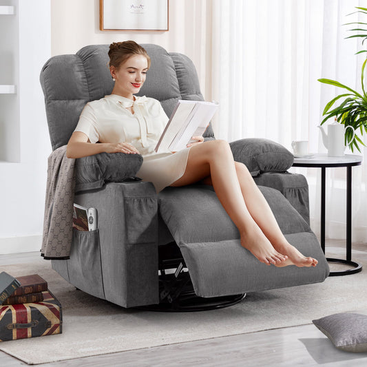 IMKHK Swivel Rocker Recliner Chair with Heat and Vibration Massage, Manual Fabric Lounge Chair with Side Pockets, 2 Cup Holders, USB Charge Port, Single Sofa Chair for Bedroom Theater,Gray