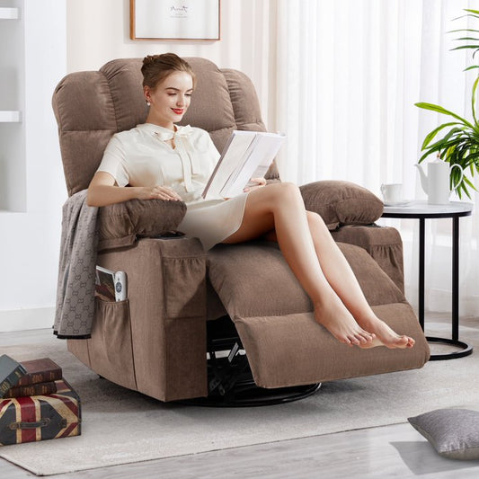 IMKHK Swivel Rocker Recliner Chair with Heat and Vibration Massage, Manual Fabric Lounge Chair with Side Pockets, 2 Cup Holders, USB Charge Port, Single Sofa Chair for Bedroom Theater, Brown