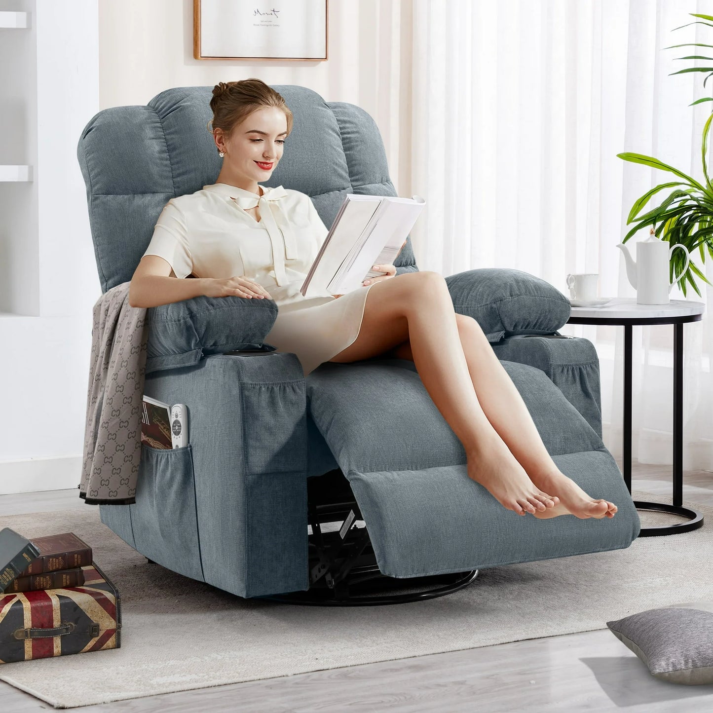 IMKHK Rocker Recliners with Heat and Massage for Adults, Manual Swivel Rocking Recliner Chair with USB Port, Side Pockets, Cup Holders, 24.4in Single Fabric Lounge Sofa Chair for Living Room, Beige