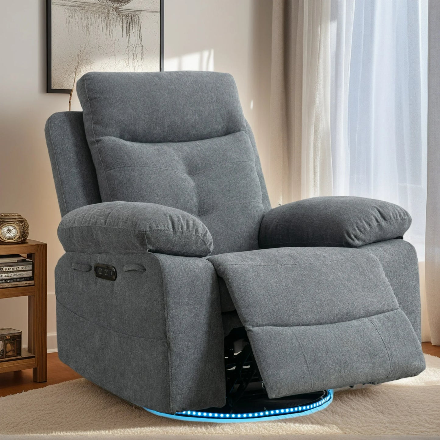 IMKHK Swivel Rocker Recliner Chair with LED Lights and Bluetooth Speaker, Comfy Power Fabric Lounge Chair with Charging Station and Side Pockets, Single Sofa Chair for Living Room Bedroom, Dark Gray