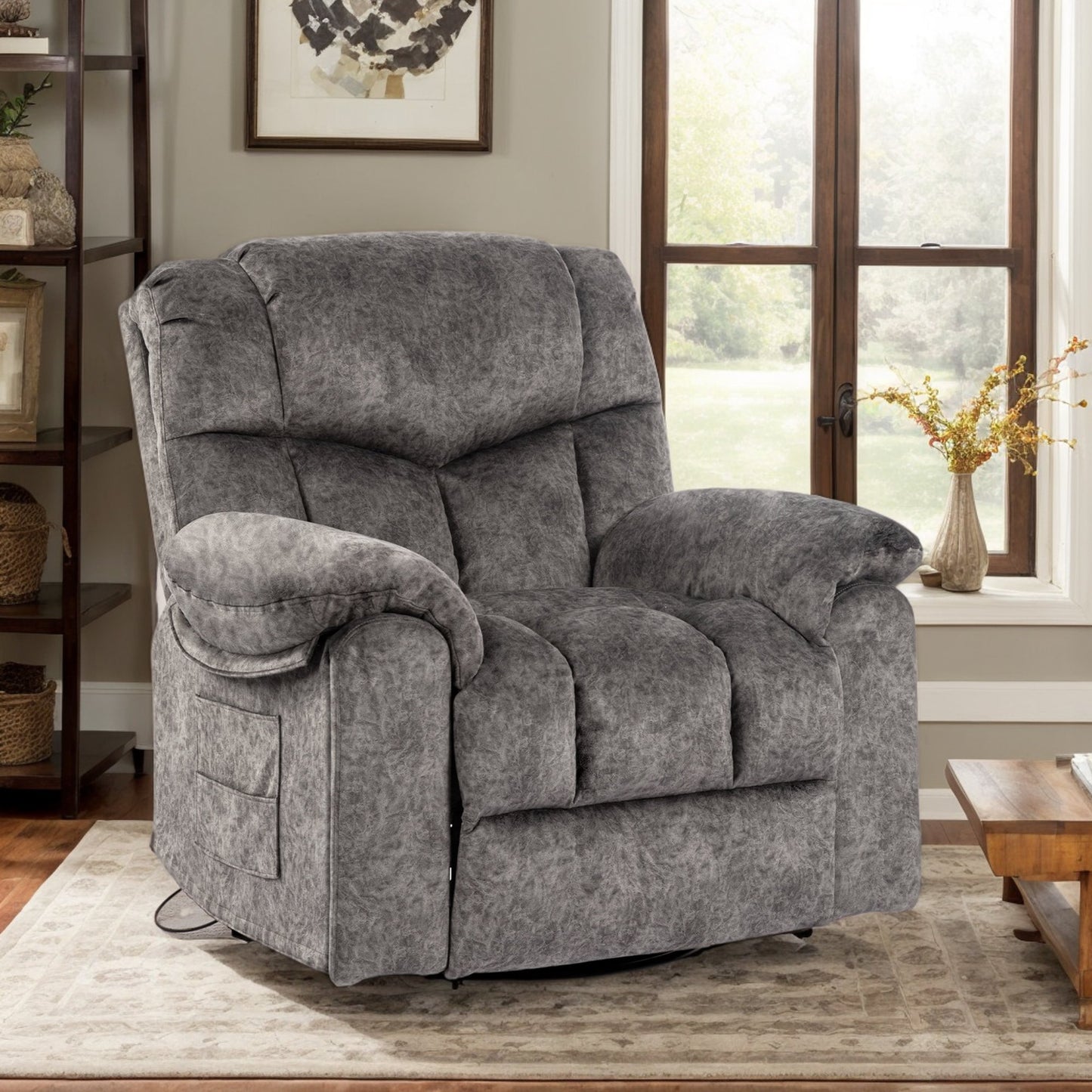 IMKHK Swivel Rocker Recliner Chair with Vibration Massage and Heat Function, Manual Ergonomic Lounge Chair with Side Pockets, 2 Hidden Cup Holders and USB Charge Port, for Living Room Theater, Gray