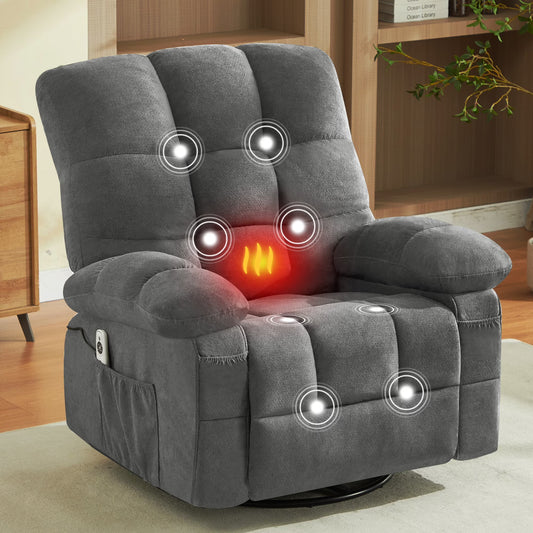 IMKHK Swivel Rocker Recliner with Massage and Heat for Adults, Manual Rocking Recliner Chair with Side Pockets and USB Port, Single Fabric Ergonomic Lounge Chair for Living Room Bedroom, Gray