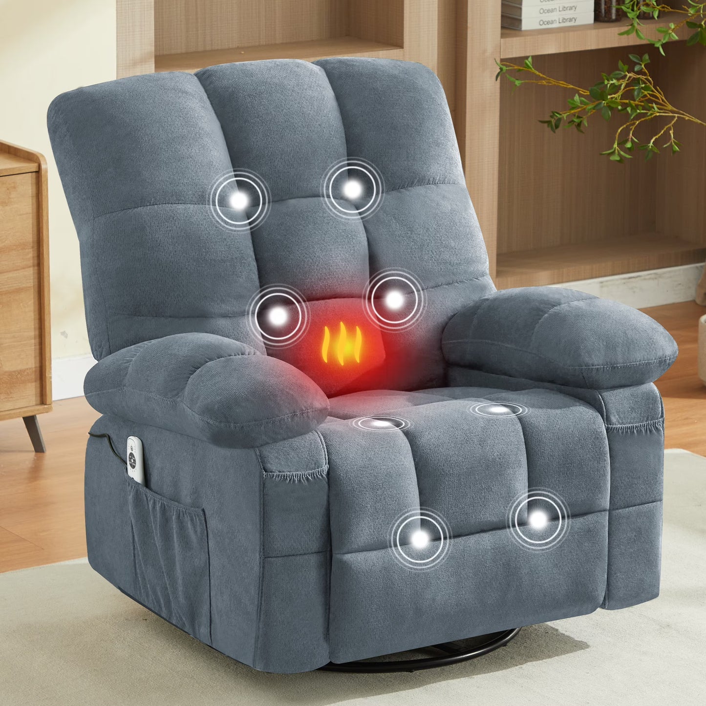 IMKHK Swivel Rocker Recliner with Massage and Heat for Adults, Manual Rocking Recliner Chair with Side Pockets and USB Port, Single Fabric Ergonomic Lounge Chair for Living Room Bedroom, Gray