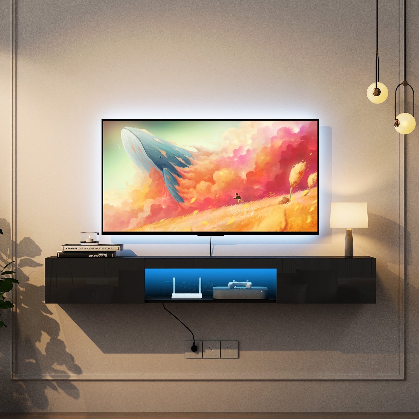 IMKHK TV Stand for 70 inches TVs, TV Console Table Wall Mounted with LED Lights and Charging Station, Floating Media Entertainment Center with 2 Storage Cabinets for Living Room,Wood