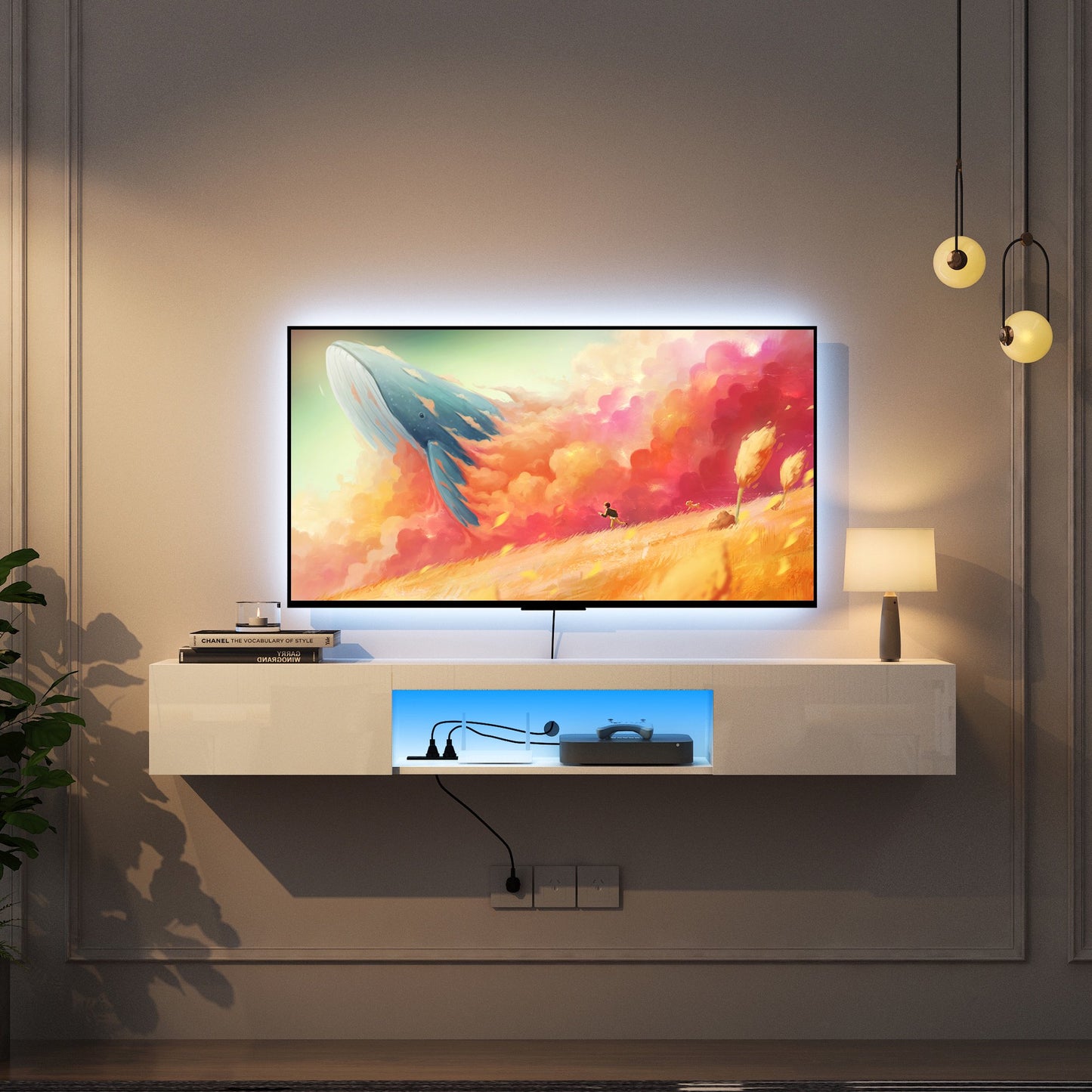 IMKHK TV Stand for 70 inches TVs, TV Console Table Wall Mounted with LED Lights and Charging Station, Floating Media Entertainment Center with 2 Storage Cabinets for Living Room,Wood