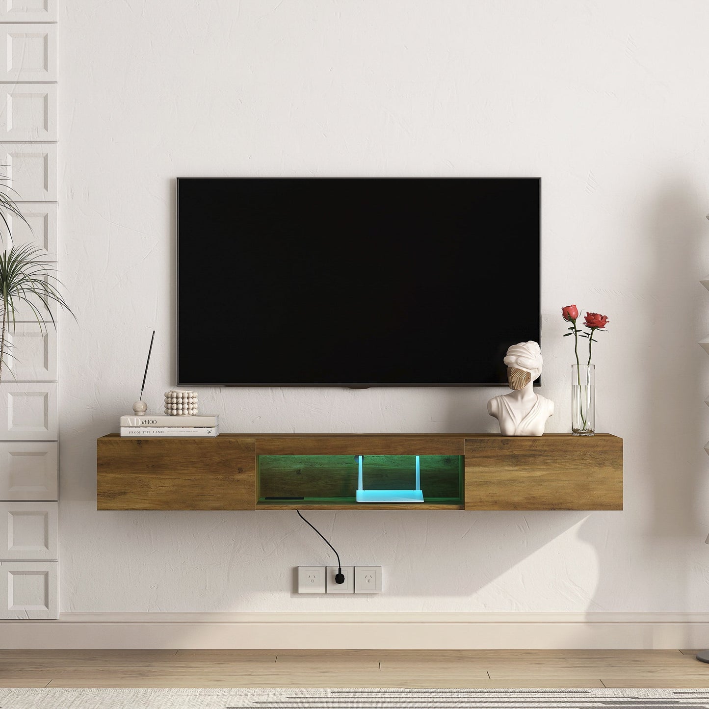 IMKHK TV Stand for 70 inches TVs, TV Console Table Wall Mounted with LED Lights and Charging Station, Floating Media Entertainment Center with 2 Storage Cabinets for Living Room,Wood