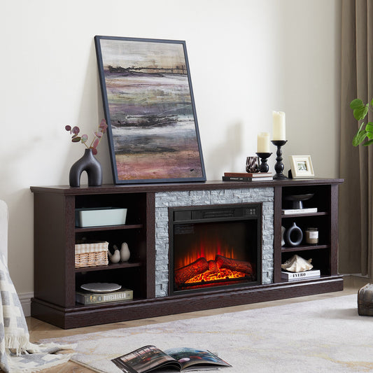 IMKHK TV Stand with Electric Fireplace for 70" TVs, Farmhouse TV Console Table with Faux Stacked Stone Surround for Living Room, Wood Media Entertainment Center with Shelves & Remote Control, Gray