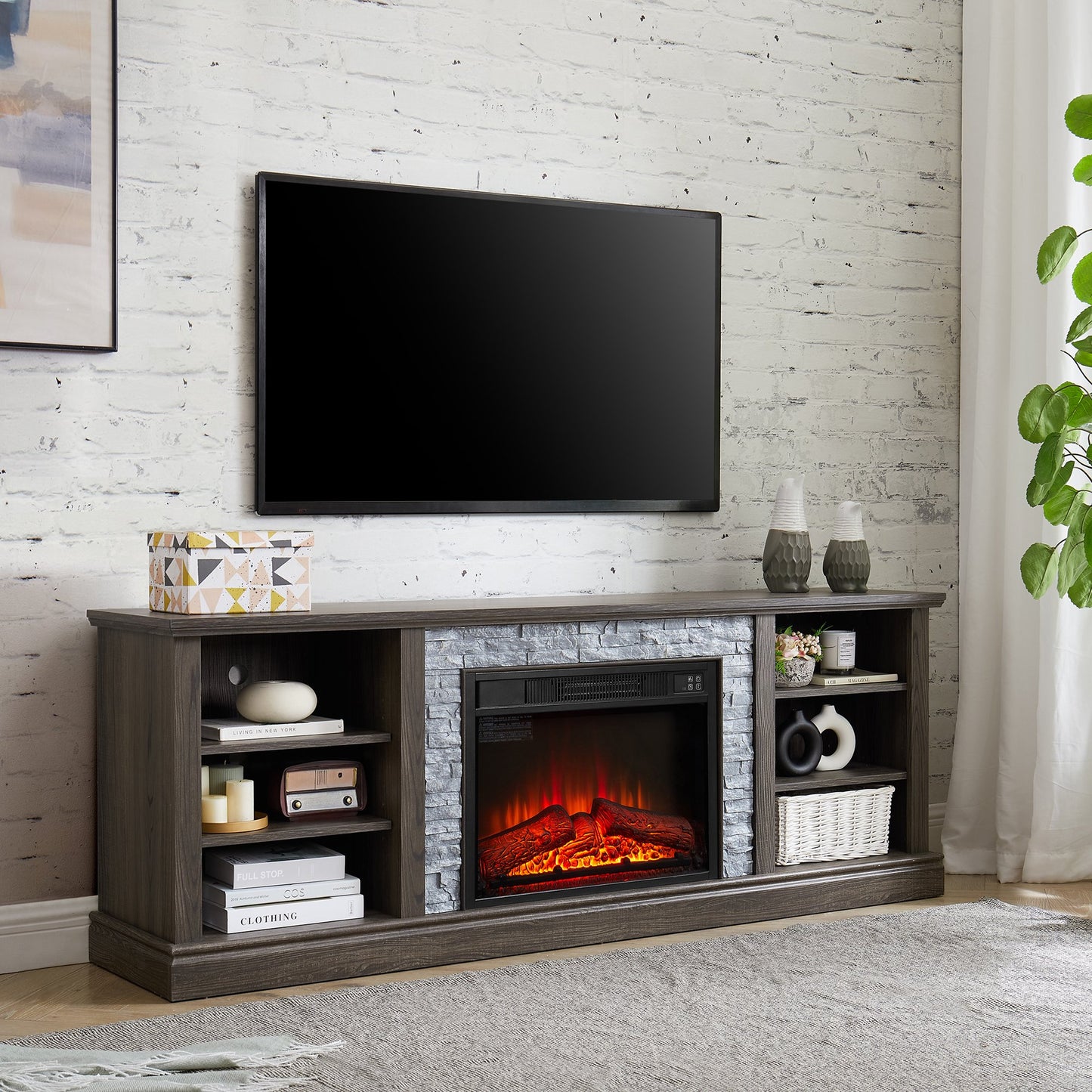 IMKHK TV Stand with Electric Fireplace for 70" TVs, Farmhouse TV Console Table with Faux Stacked Stone Surround for Living Room, Wood Media Entertainment Center with Shelves & Remote Control, Gray