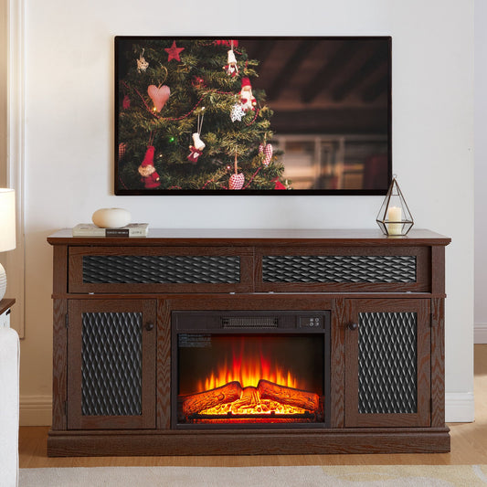 IMKHK TV Stand with Fireplace for TVs up to 65", Farmhouse TV Console Table with Embossed Pattern and Storage Cabinets, Wood Media Entertainment Center with Open Shelves for Living Room, Cherry