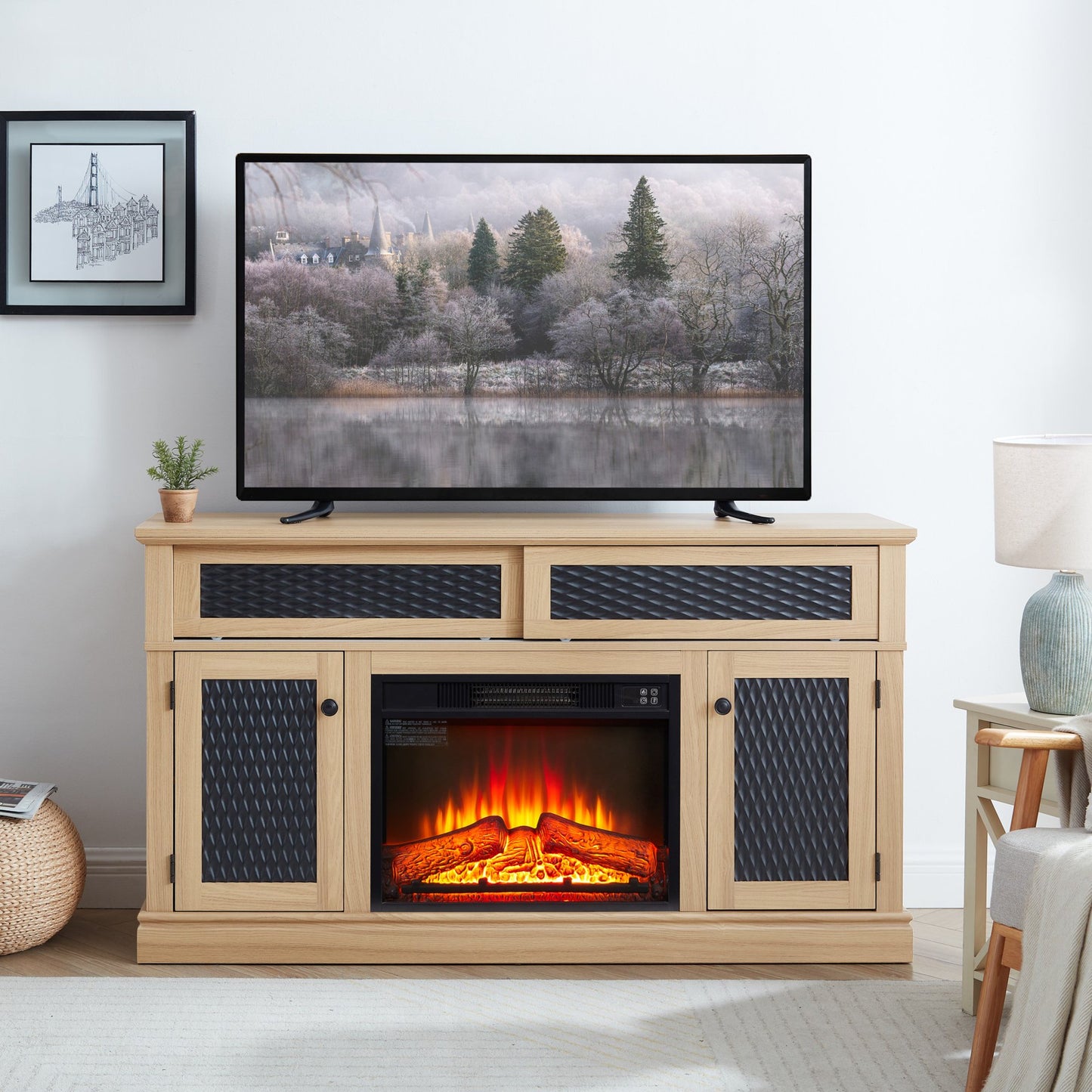 IMKHK TV Stand with Fireplace for TVs up to 65", Farmhouse TV Console Table with Embossed Pattern and Storage Cabinets, Wood Media Entertainment Center with Open Shelves for Living Room, Cherry