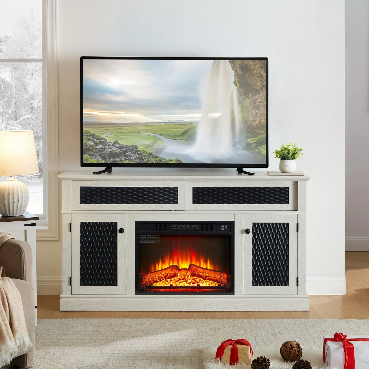 IMKHK TV Stand with Fireplace for TVs up to 65", Farmhouse TV Console Table with Embossed Pattern and Storage Cabinets, Wood Media Entertainment Center with Open Shelves for Living Room, Cherry