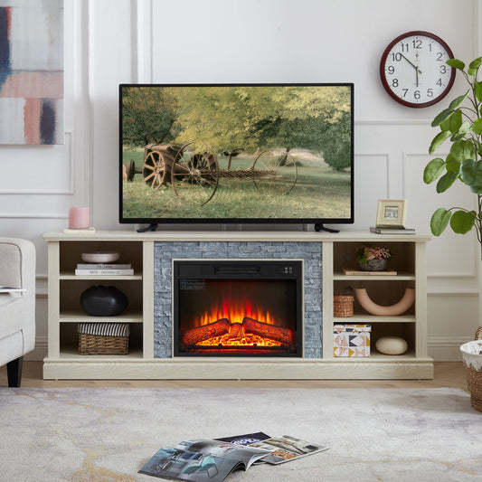 IMKHK TV Stand with Remote Control Fireplace for 80" TVs, Farmhouse Media Entertainment Center with Faux Stacked Stone Surrounded, Wooden TV Console Table with Open Shelves for Living Room, Gray