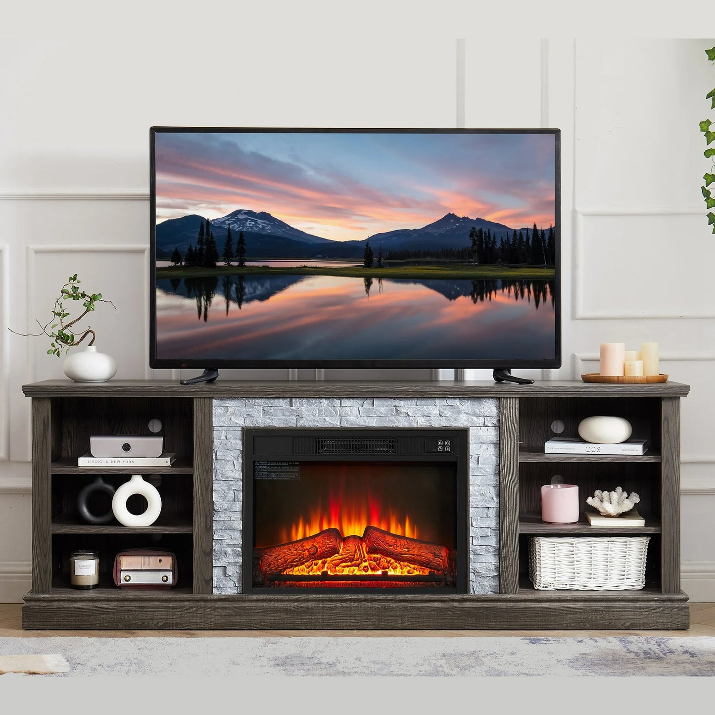 IMKHK TV Stand with Remote Control Fireplace for 80" TVs, Farmhouse Media Entertainment Center with Faux Stacked Stone Surrounded, Wooden TV Console Table with Open Shelves for Living Room, Gray