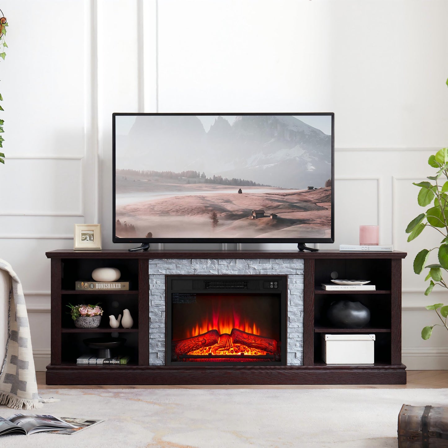 IMKHK TV Stand with Remote Control Fireplace for 80" TVs, Farmhouse Media Entertainment Center with Faux Stacked Stone Surrounded, Wooden TV Console Table with Open Shelves for Living Room, Gray