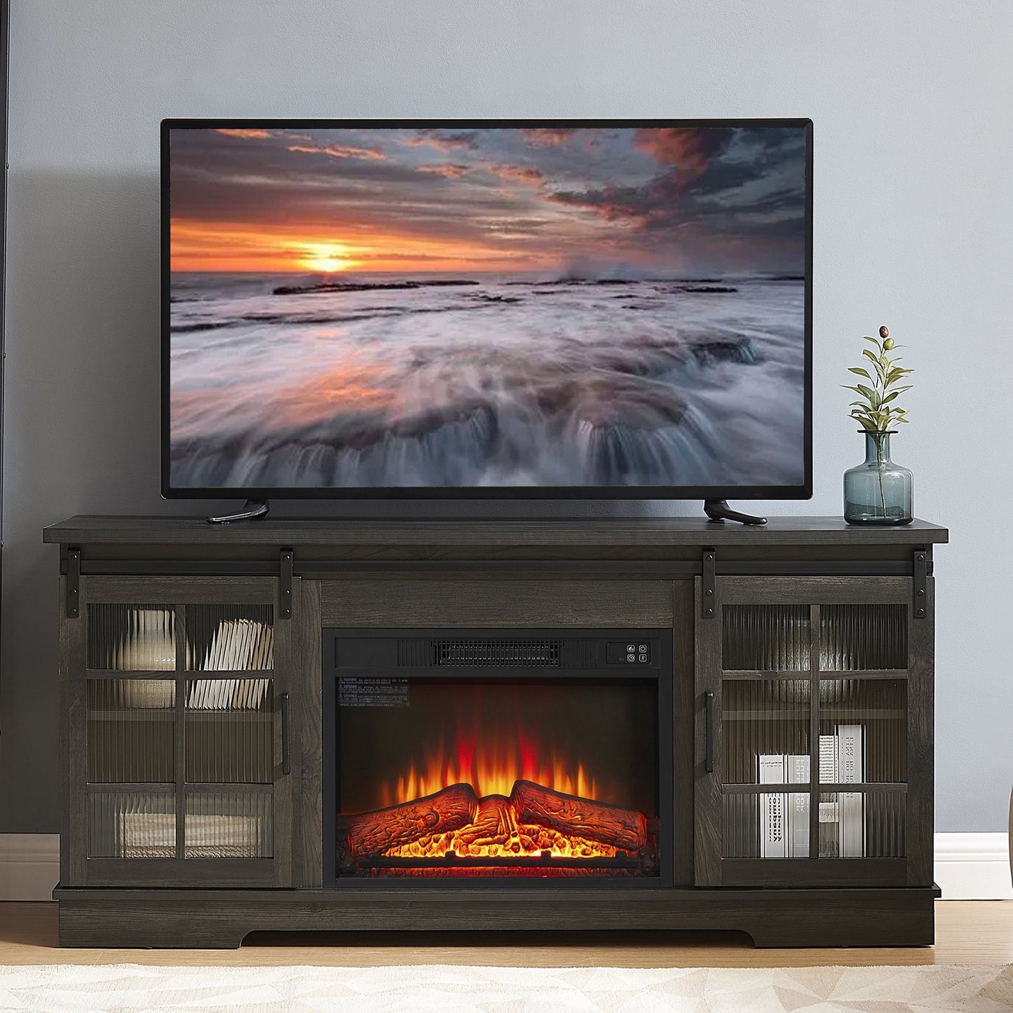 IMKHK TV Stand with Remote Control Fireplace, Media Entertainment Center for TVs up to 70", Farmhouse TV Console Table with Sliding Glass Doors and 2 Storage Cabinets for Living Room, Charcoal Gray