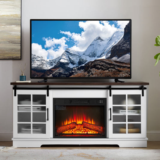 IMKHK TV Stand with Remote Control Fireplace, Media Entertainment Center for TVs up to 70", Farmhouse TV Console Table with Sliding Glass Doors and 2 Storage Cabinets for Living Room, White