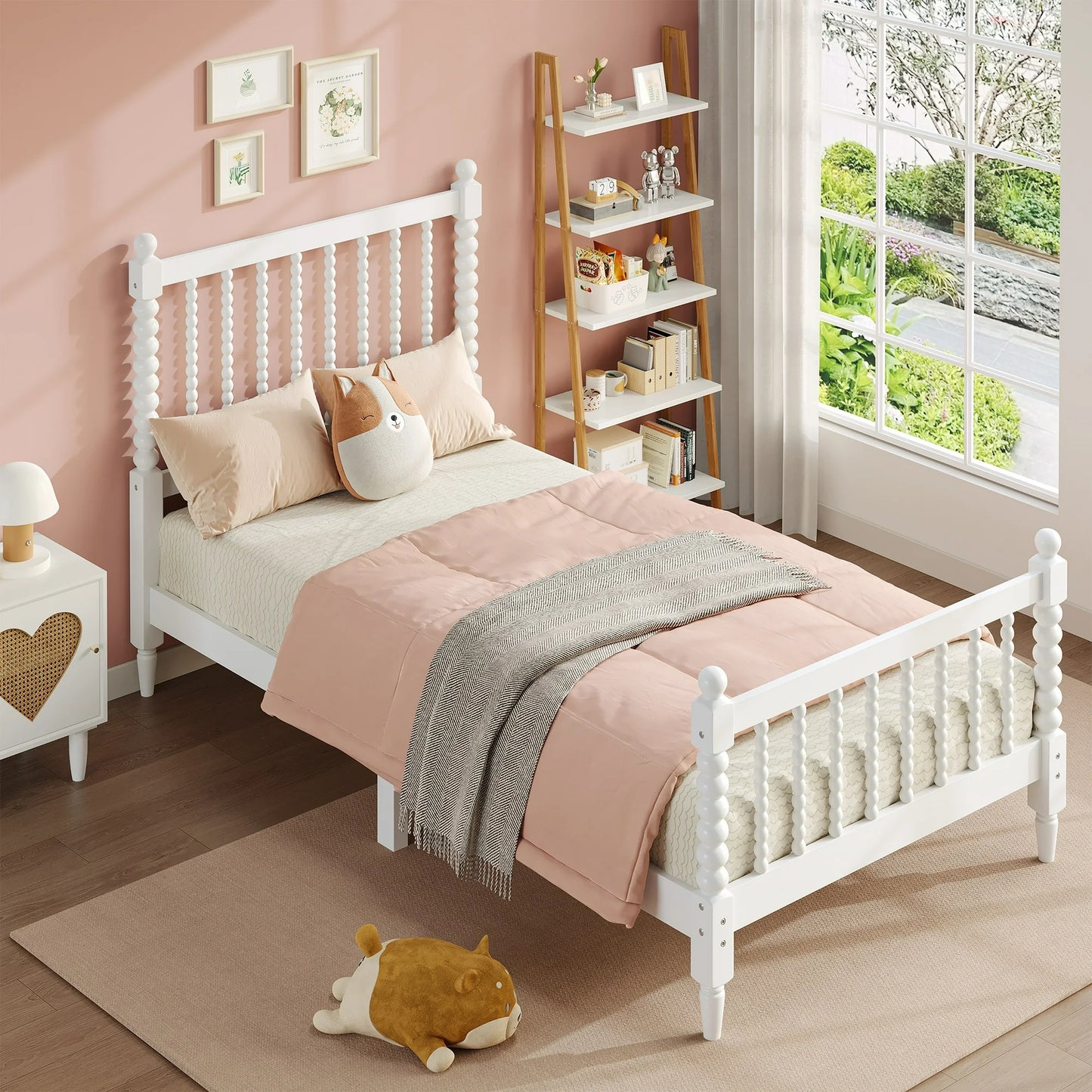 IMKHK Twin Bed Frame with Headboard and Footboard, Wood Platform Bed with Large Underbed Storage, Cute Kids Bed with Strong Thickened Wooden Slats Support for Boys Girls, No Box Spring Needed, Pink