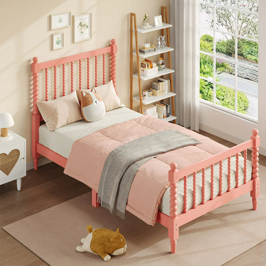 IMKHK Twin Bed Frame with Headboard and Footboard, Wood Platform Bed with Large Underbed Storage, Cute Kids Bed with Strong Thickened Wooden Slats Support for Boys Girls, No Box Spring Needed, Pink