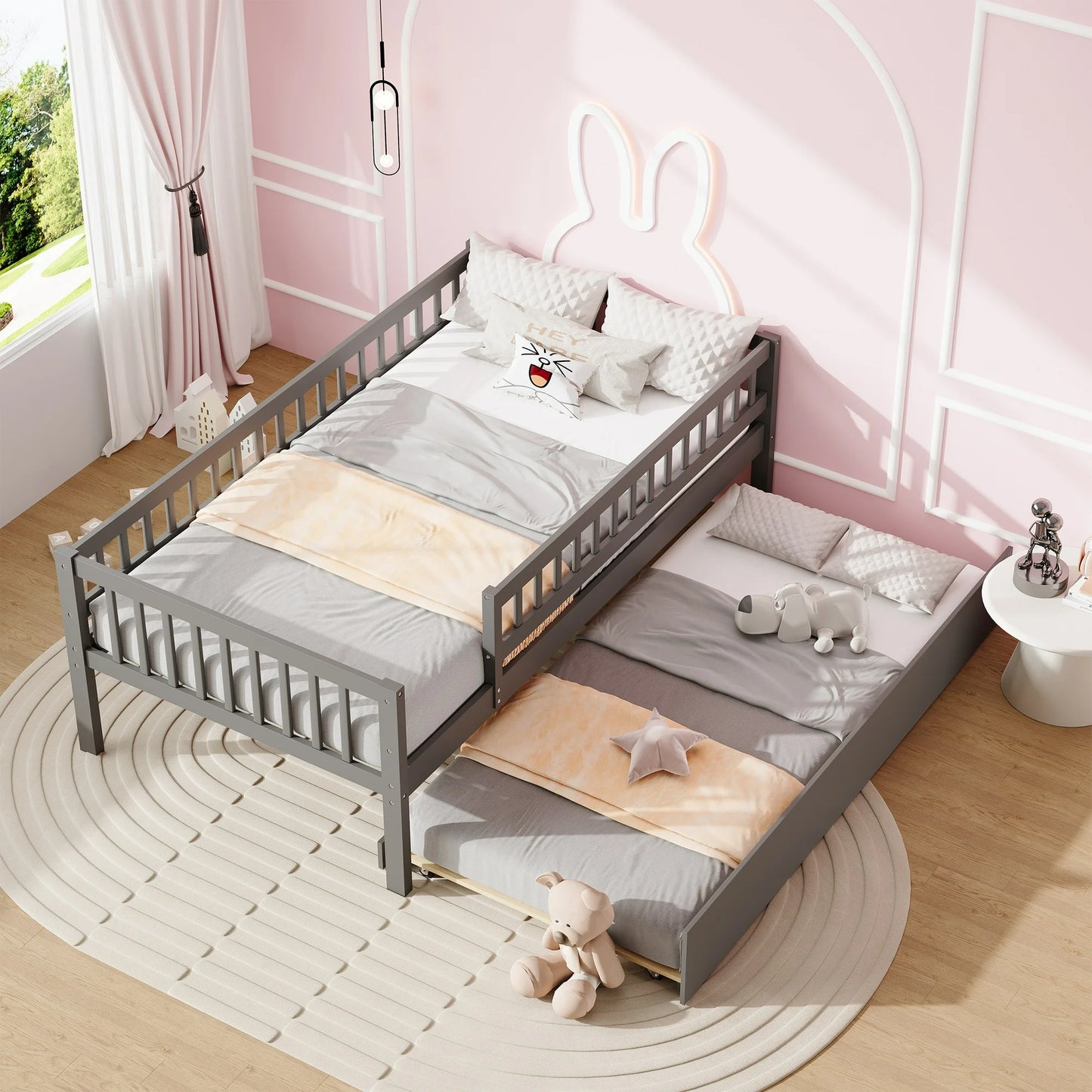 IMKHK Twin Bed Frame with Trundle, Modern Kids Platform Bed Frame with Pull Out Trundle, Solid Wood Trundle Bed Twin Size with Safety Fence Guardrails for Boys Girls, No Box Spring Needed, Gray