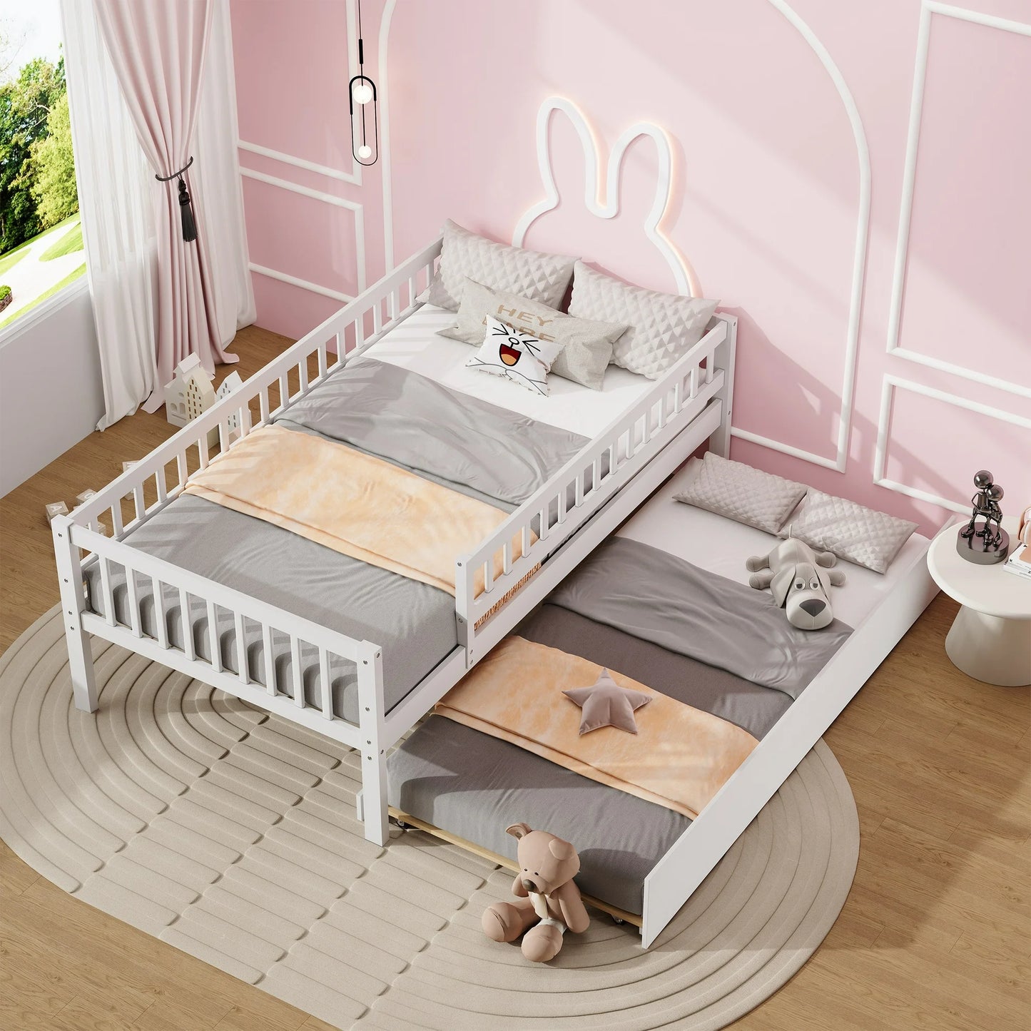 IMKHK Twin Bed Frame with Trundle, Modern Kids Platform Bed Frame with Pull Out Trundle, Solid Wood Trundle Bed Twin Size with Safety Fence Guardrails for Boys Girls, No Box Spring Needed, Gray