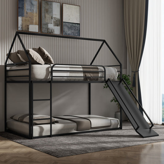 IMKHK Twin over Twin Bunk Bed, Heavy-Duty Metal Bunk Bed with Safety Guardrail, Ladder and Slider, Cute House Bunk Bed for Boys Girls, Space-Saving Bedroom Dorm Furniture, No Box Spring Needed, White