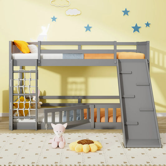 IMKHK Twin over Twin Bunk Beds with Ladder & Guardrail, Cute Kids Bed with Climbing Nets and Ramp, Low Bunk Floor Bed Frame with Thickened Wooden Slats Support for Kids, No Box Spring Needed, Gray